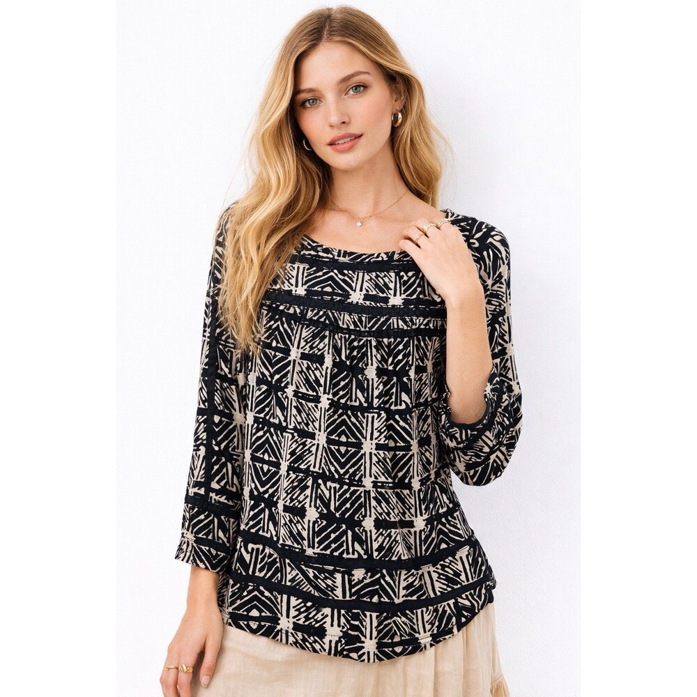 Lucky Brand Womens Floral Long Sleeve Top Size XS Black V‎ Neck Stretch Boho
